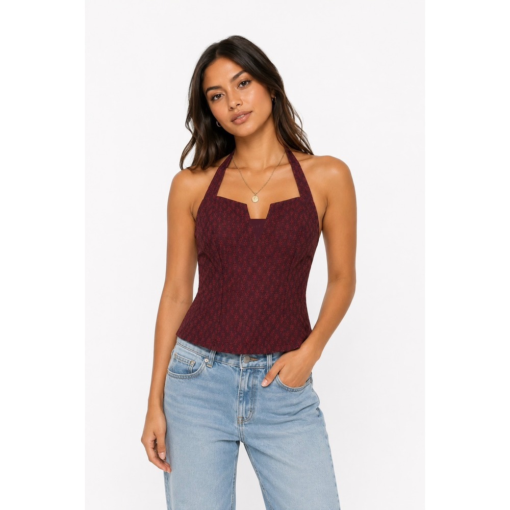 Halter Corset Top Womens M Burgundy Damask Notched V-Neck Boho Goth